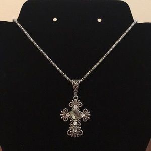 Rhinestone Cross Necklace - Light Green